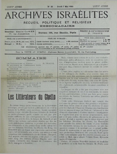 Archives israélites de France. Vol.75 N°19 (07 mai 1914)